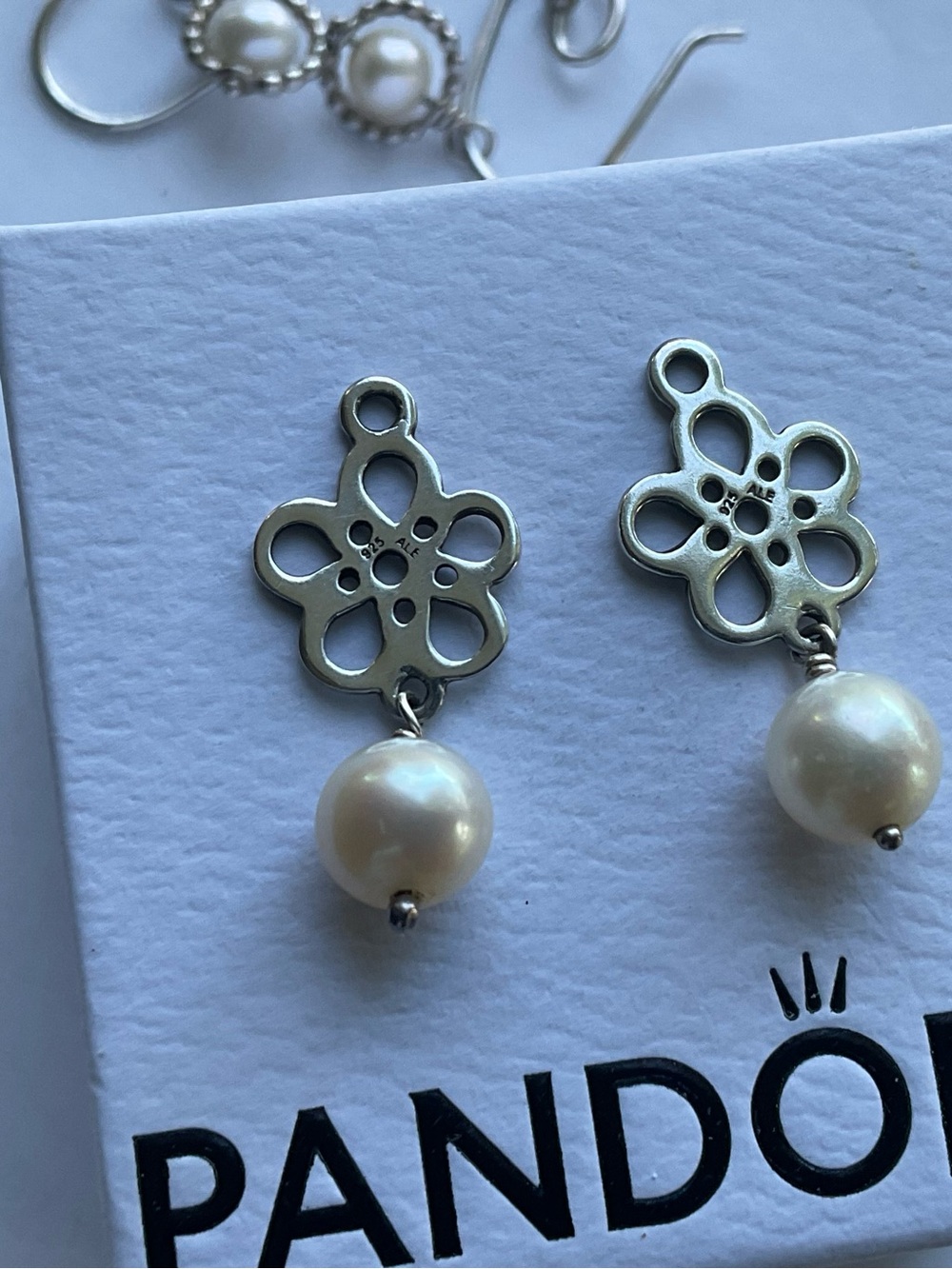 Pandora Silver Floral Pearl Drop Earrings -